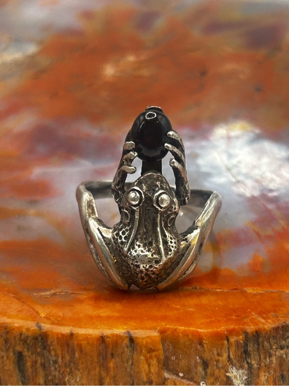 Vintage Sterling Silver Onyx Frog Ring - Size 6.25